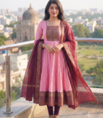 Womens pink anarkali gown with embroidered yoke contrasting wine dupatta set