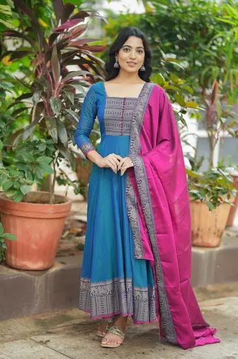 Womens new elegant pink anarkali gown with embroidered yoke  contrasting wine dupatta set