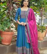 Womens new elegant pink anarkali gown with embroidered yoke  contrasting wine dupatta set