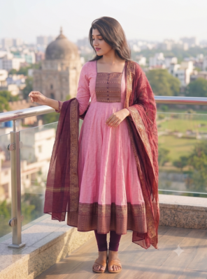 Womens pink anarkali gown with embroidered yoke contrasting wine dupatta set 2
