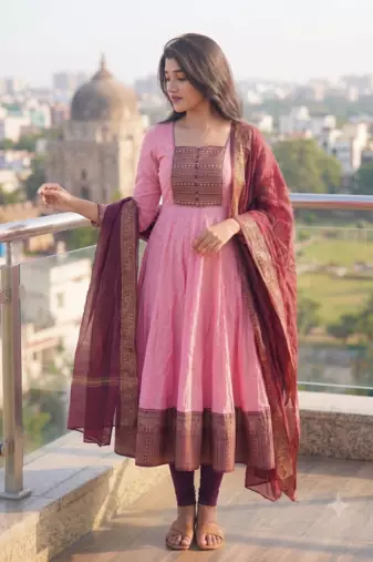 Womens pink anarkali gown with embroidered yoke contrasting wine dupatta set