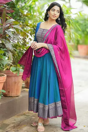 Womens new elegant pink anarkali gown with embroidered yoke contrasting wine dupatta set