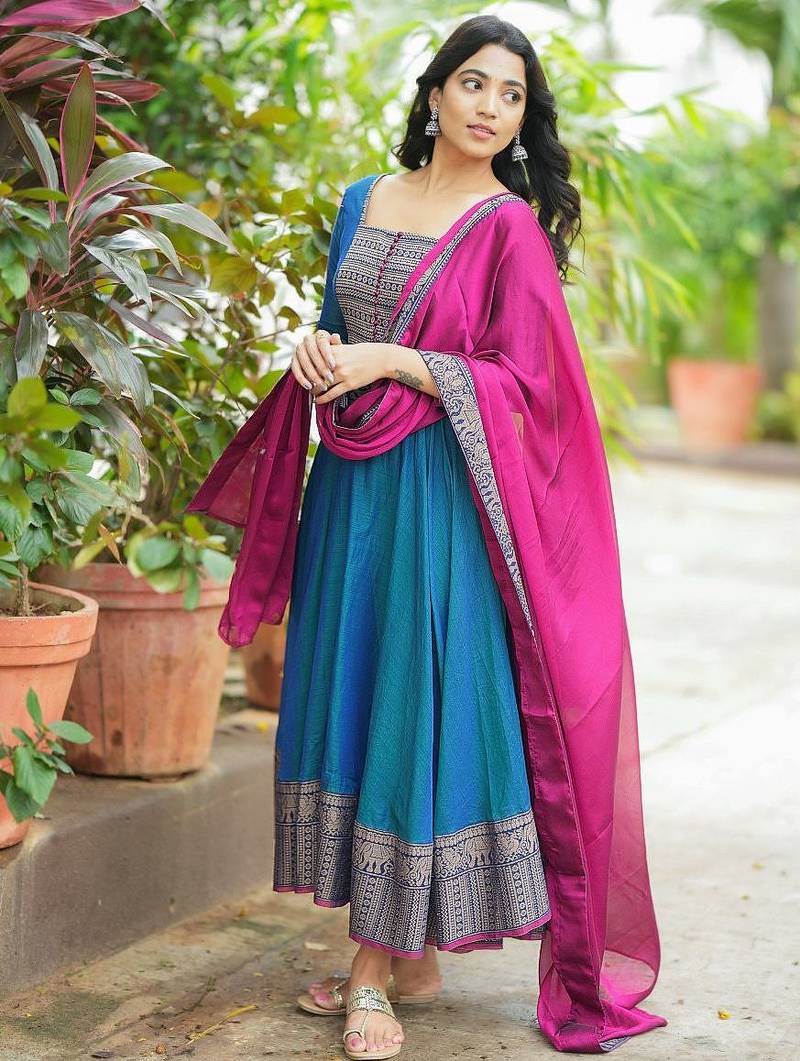 Womens new elegant pink anarkali gown with embroidered yoke  contrasting wine dupatta set