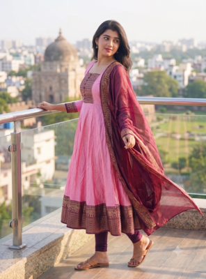 Womens pink anarkali gown with embroidered yoke contrasting wine dupatta set 3