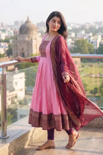 Womens pink anarkali gown with embroidered yoke contrasting wine dupatta set