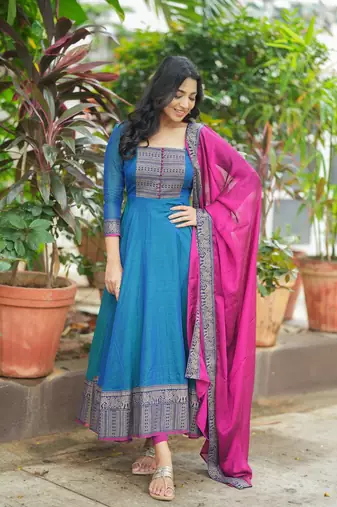 Womens new elegant pink anarkali gown with embroidered yoke contrasting wine dupatta set