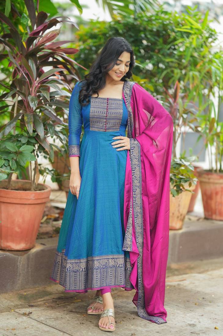 Womens new elegant pink anarkali gown with embroidered yoke  contrasting wine dupatta set