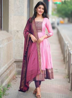 Womens  blue anarkali gown with embroidered yoke contrasting pink dupatta set 1