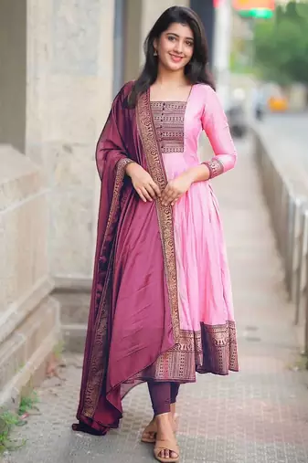 Womens new elegant blue anarkali gown with embroidered yoke  contrasting pink dupatta set