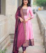 Womens new elegant blue anarkali gown with embroidered yoke  contrasting pink dupatta set