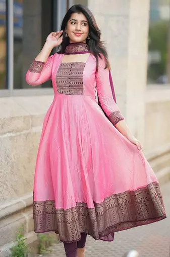 Womens new elegant blue anarkali gown with embroidered yoke contrasting pink dupatta set