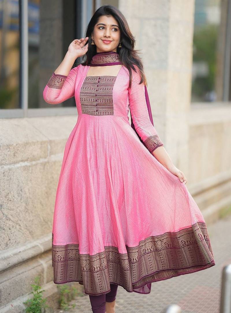 Womens new elegant blue anarkali gown with embroidered yoke  contrasting pink dupatta set