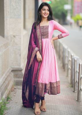 Womens  blue anarkali gown with embroidered yoke contrasting pink dupatta set 3