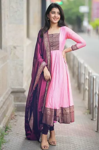 Womens new elegant blue anarkali gown with embroidered yoke contrasting pink dupatta set