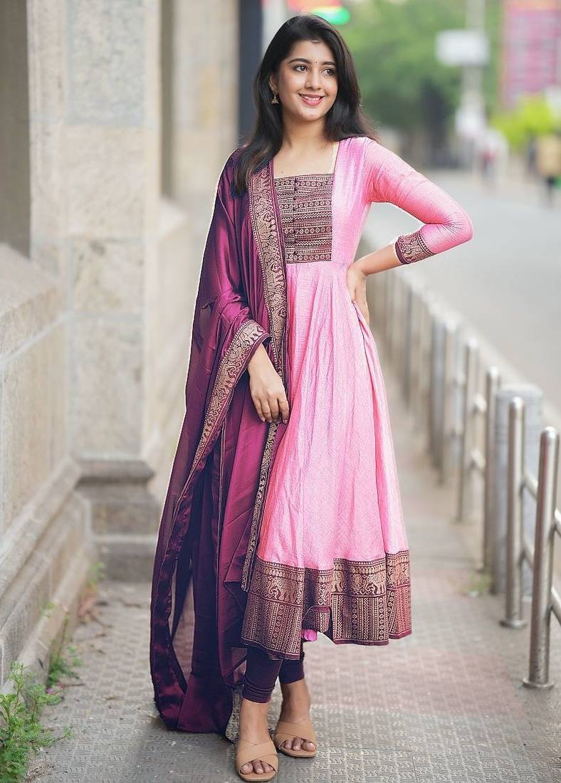 Womens new elegant blue anarkali gown with embroidered yoke  contrasting pink dupatta set