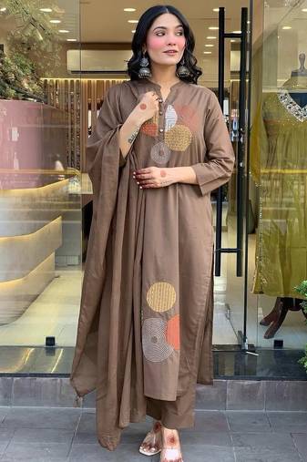Women brown geometric embroidered straight kurta with pants and dupatta set