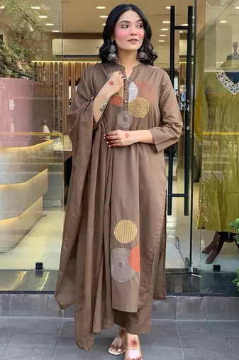 Women brown geometric embroidered straight kurta with pants and dupatta set
