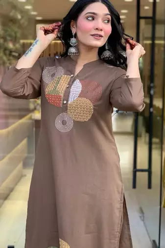 Women brown geometric embroidered straight kurta with pants and dupatta set