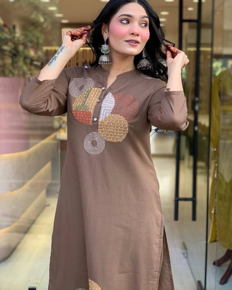Women brown geometric embroidered straight kurta with pants and dupatta set