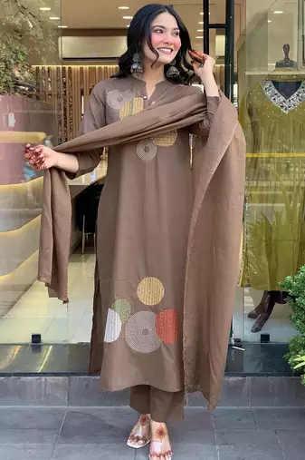 Women brown geometric embroidered straight kurta with pants and dupatta set
