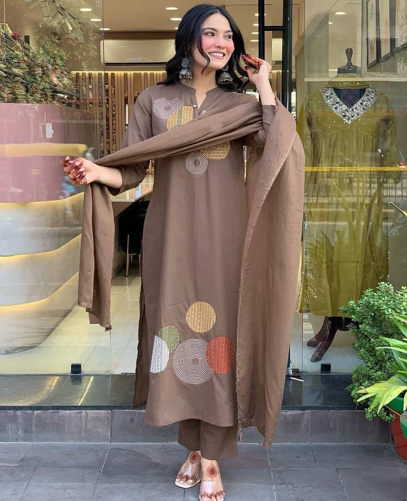 Women brown geometric embroidered straight kurta with pants and dupatta set