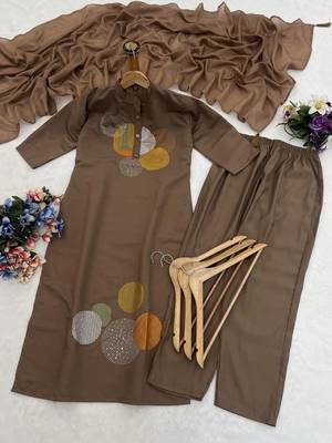 Women brown geometric embroidered straight kurta with pants and dupatta set 4
