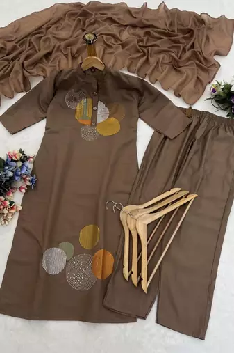 Women brown geometric embroidered straight kurta with pants and dupatta set