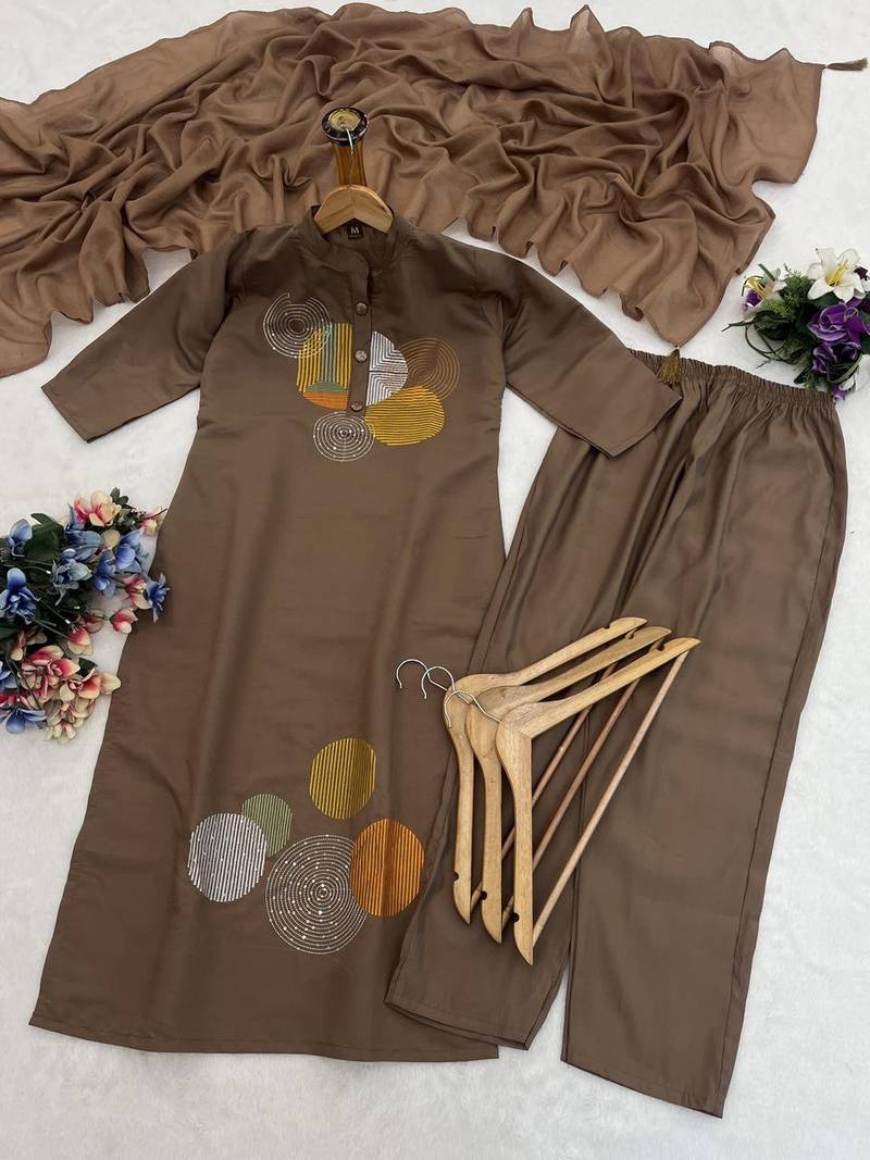 Women brown geometric embroidered straight kurta with pants and dupatta set
