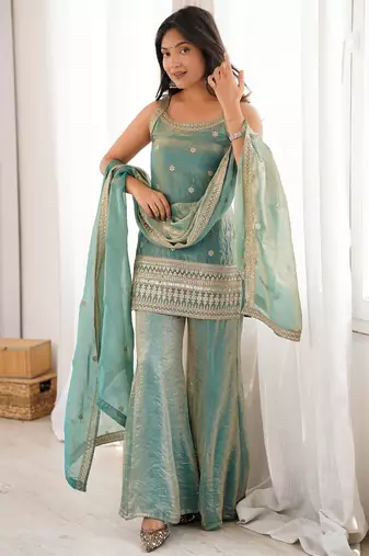 Elegant green freindy silk short kurti bell bottom plazzo set with embroidered dupatta