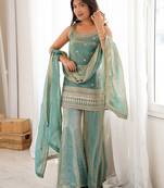 Elegant green freindy silk short kurti bell bottom plazzo set with embroidered dupatta