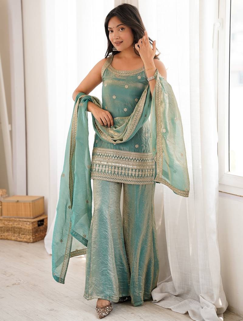 Elegant green freindy silk short kurti bell bottom plazzo set with embroidered dupatta