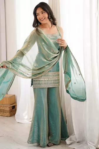 Elegant green freindy silk short kurti bell bottom plazzo set with embroidered dupatta