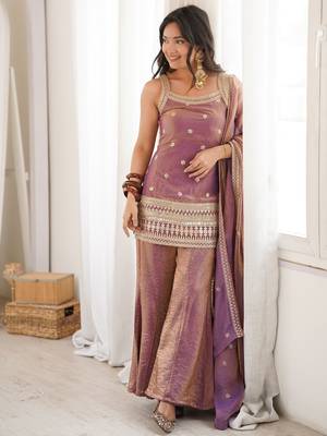Elegant pink freindy silk short kurti bell bottom plazzo set with embroidered dupatta 1