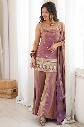 Elegant pink freindy silk short kurti bell bottom plazzo set with embroidered dupatta