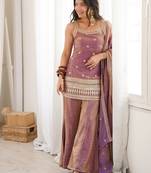 Elegant pink freindy silk short kurti bell bottom plazzo set with embroidered dupatta