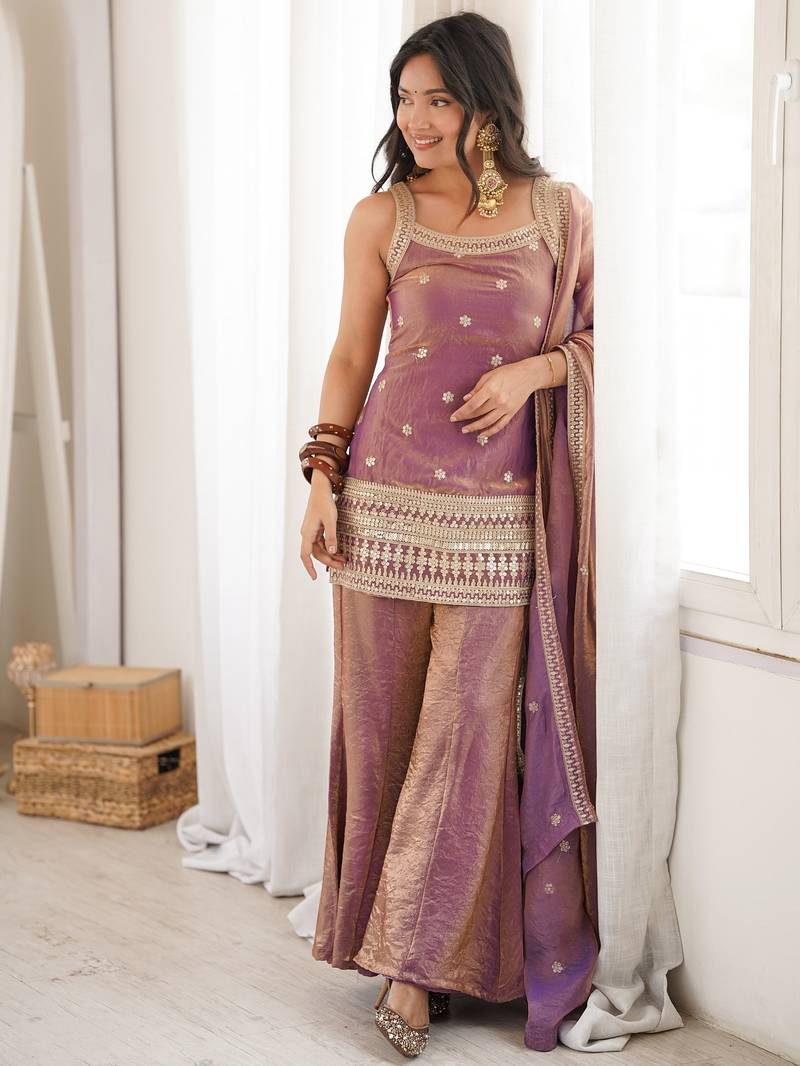 Elegant pink freindy silk short kurti bell bottom plazzo set with embroidered dupatta