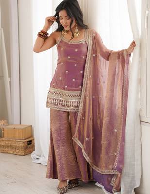 Elegant pink freindy silk short kurti bell bottom plazzo set with embroidered dupatta 2