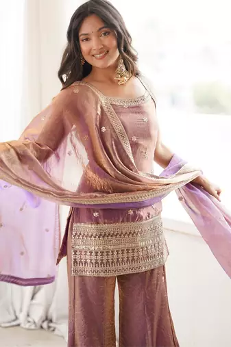 Elegant pink freindy silk short kurti bell bottom plazzo set with embroidered dupatta