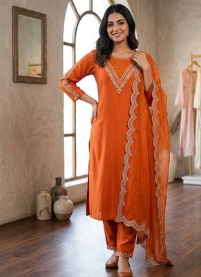  womens orange straight cut kurta set with scalloped embroidered organza dupatta set 1