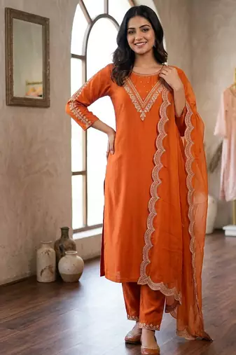 New womens orange straight cut kurta set with scalloped embroidered organza dupatta set