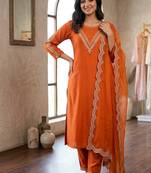 New womens orange straight cut kurta set with scalloped embroidered organza dupatta set