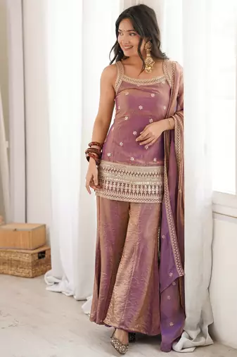 Elegant pink freindy silk short kurti bell bottom plazzo set with embroidered dupatta
