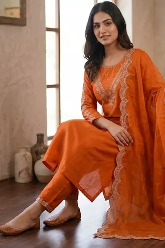 New womens orange straight cut kurta set with scalloped embroidered organza dupatta set