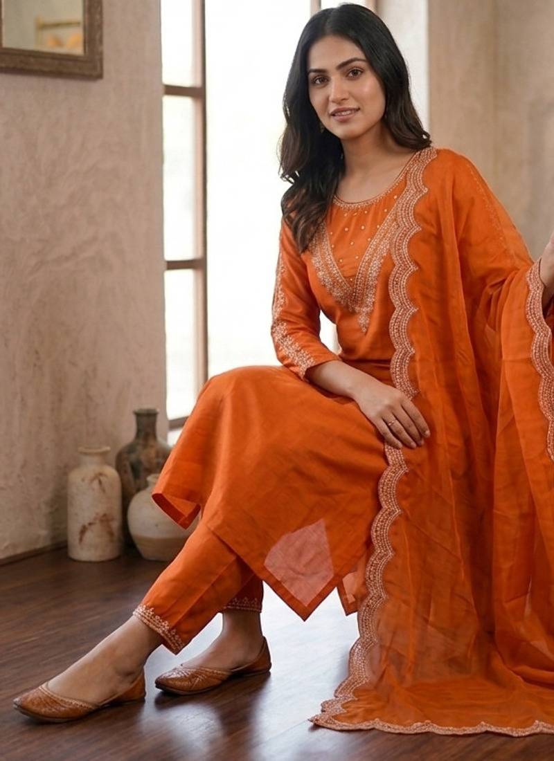 New womens orange straight cut kurta set with scalloped embroidered organza dupatta set
