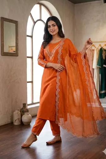 New womens orange straight cut kurta set with scalloped embroidered organza dupatta set