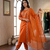 New womens orange straight cut kurta set with scalloped embroidered organza dupatta set