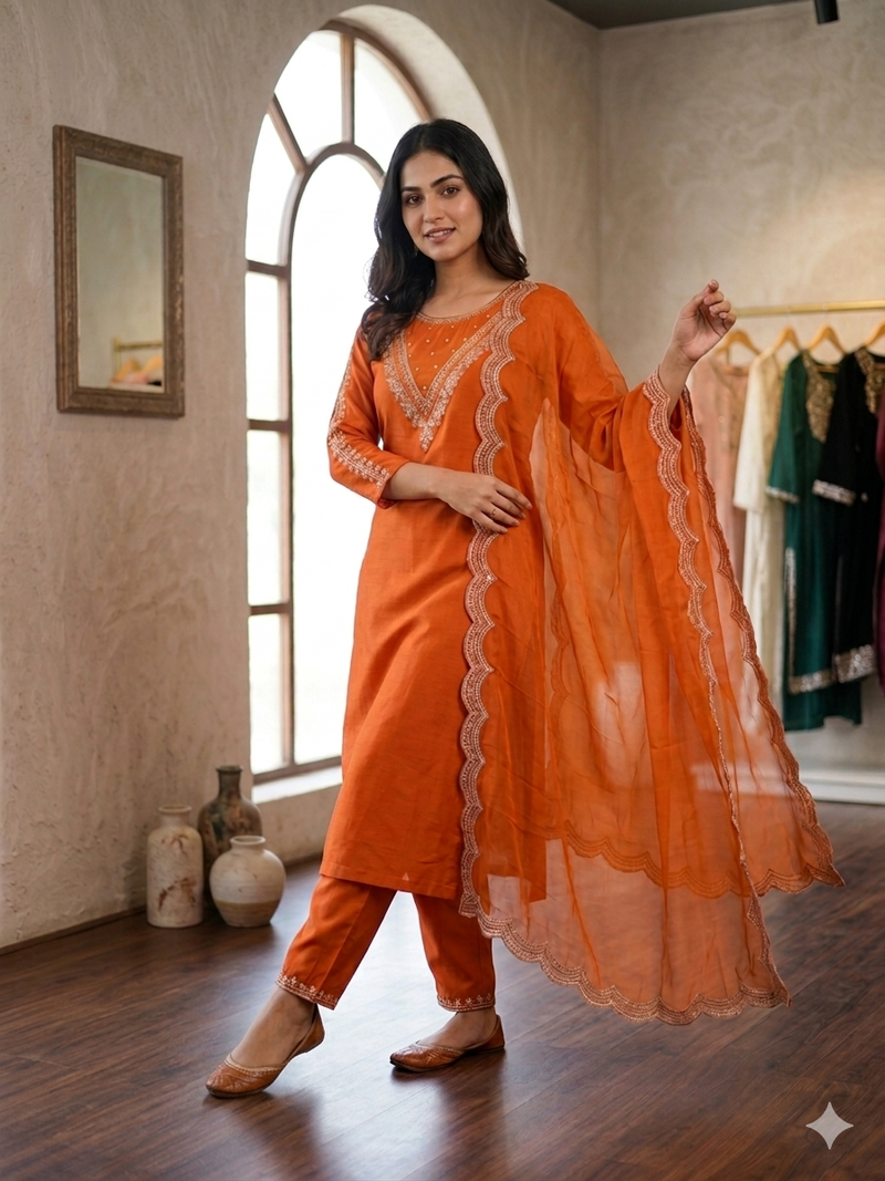 New womens orange straight cut kurta set with scalloped embroidered organza dupatta set