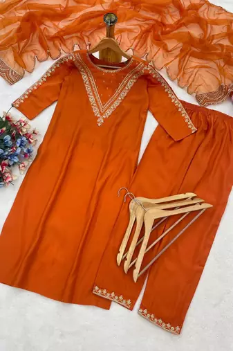 New womens orange straight cut kurta set with scalloped embroidered organza dupatta set