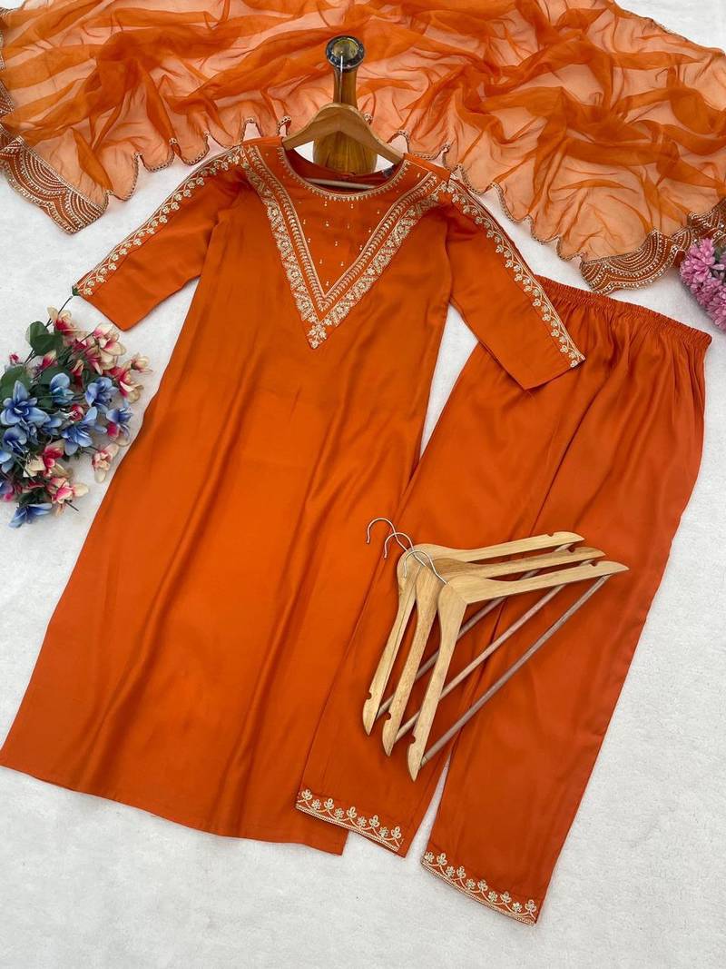 New womens orange straight cut kurta set with scalloped embroidered organza dupatta set
