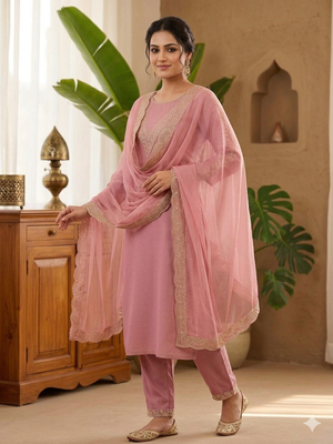  womens peach straight cut kurta set with scalloped embroidered organza dupatta set 1